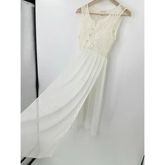 Nicolette Ivory Lace Sheer Bodice Dress Size L Slits Flowy, Fairycore, Flaw - Picture 2 of 13